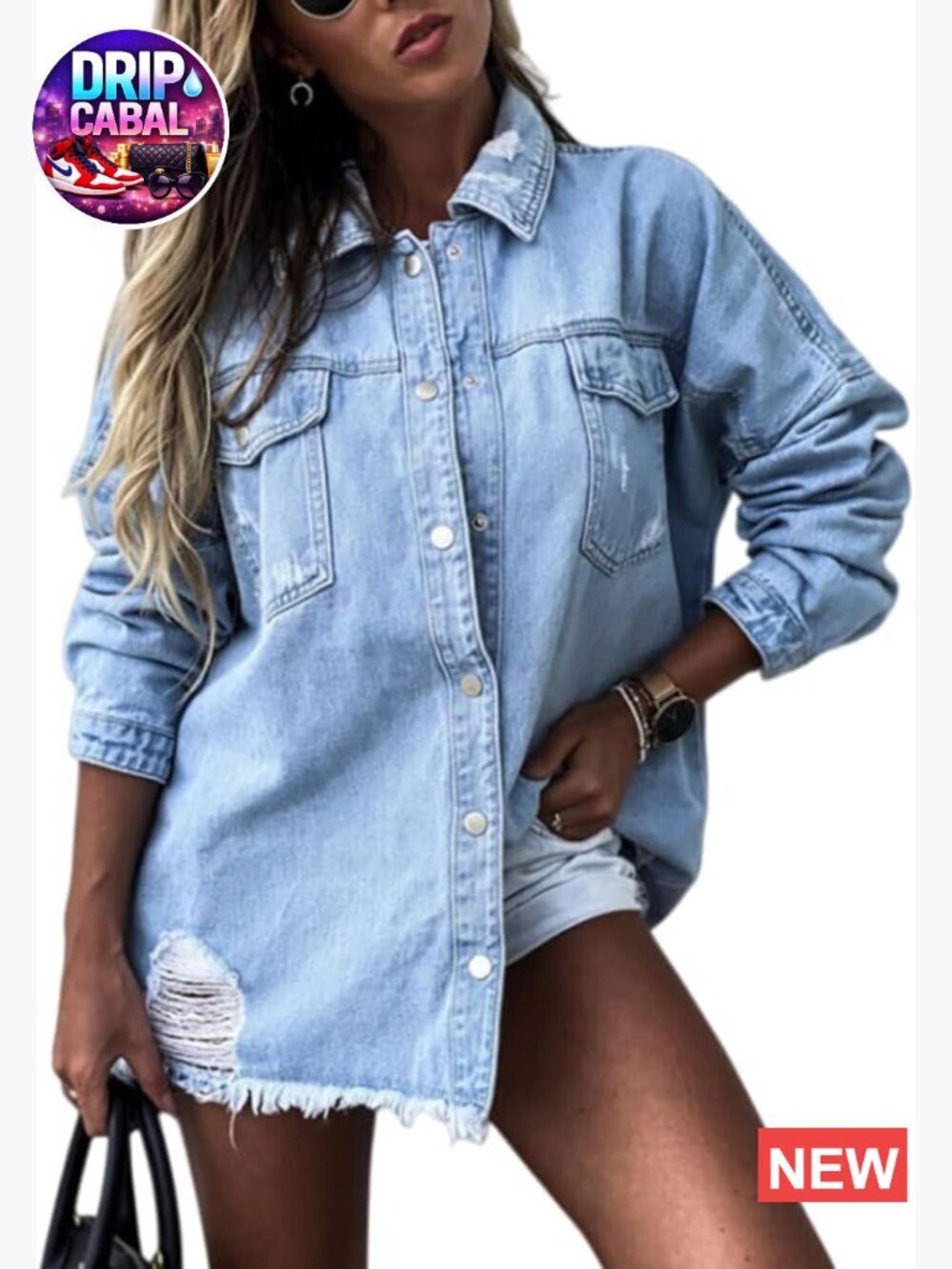 Oversized Denim Jacket Frayed Hem Distressed Collared Button Down Casual with